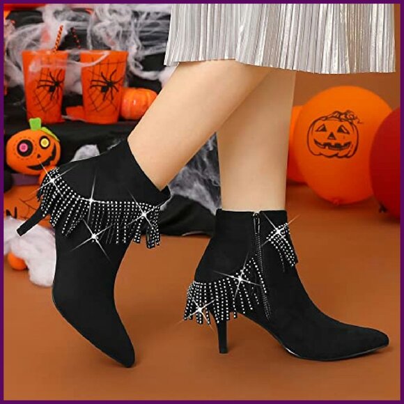 Fringe Rhinestone Stiletto Ankle Boots, Faux Suede, 3 1/7" Heel - Picture 4 of 8